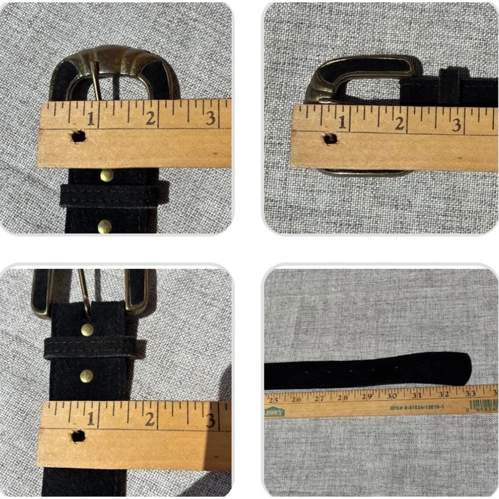 Vintage Black Suede Leather Belt Brass Scalloped Buckle Size 30 Made in USA 3527